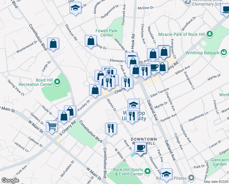 map of restaurants, bars, coffee shops, grocery stores, and more near 221 Cherry Road in Rock Hill