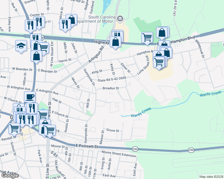 map of restaurants, bars, coffee shops, grocery stores, and more near 127 Broadus Street in Greer