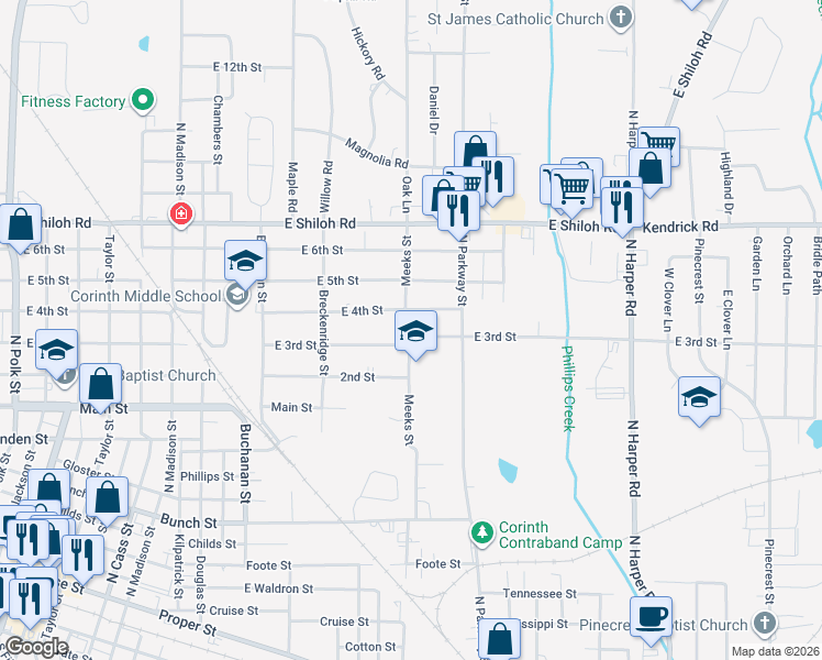 map of restaurants, bars, coffee shops, grocery stores, and more near 1400-1698 East 4th Street in Corinth