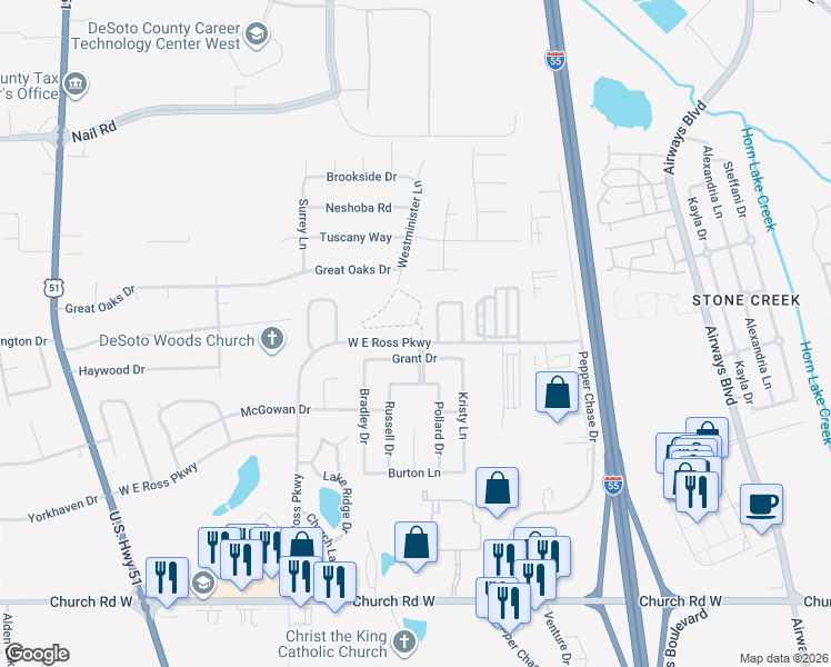 map of restaurants, bars, coffee shops, grocery stores, and more near 734 West East Ross Parkway in Southaven
