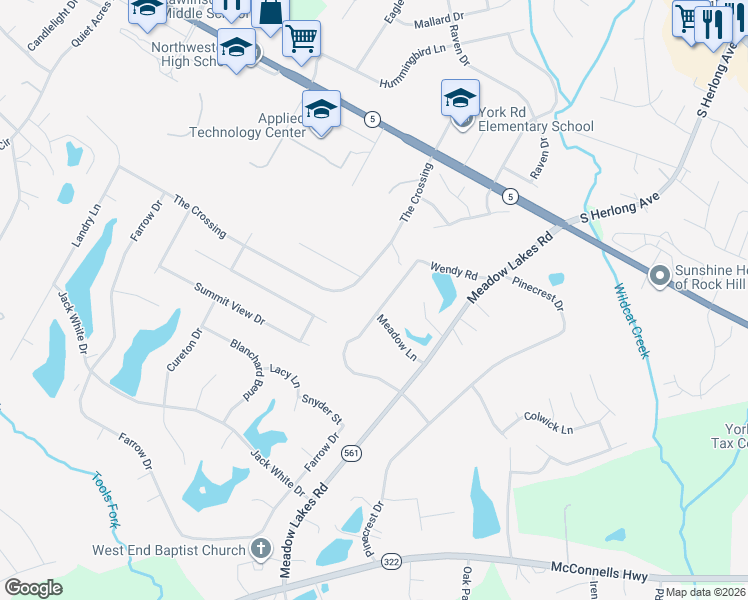 map of restaurants, bars, coffee shops, grocery stores, and more near 1409 The Crossing in Rock Hill
