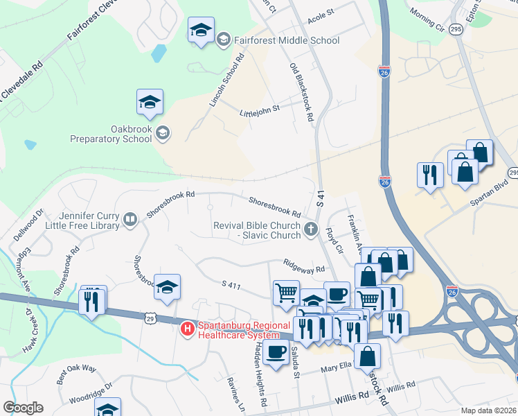 map of restaurants, bars, coffee shops, grocery stores, and more near 1334 Shoresbrook Road in Spartanburg
