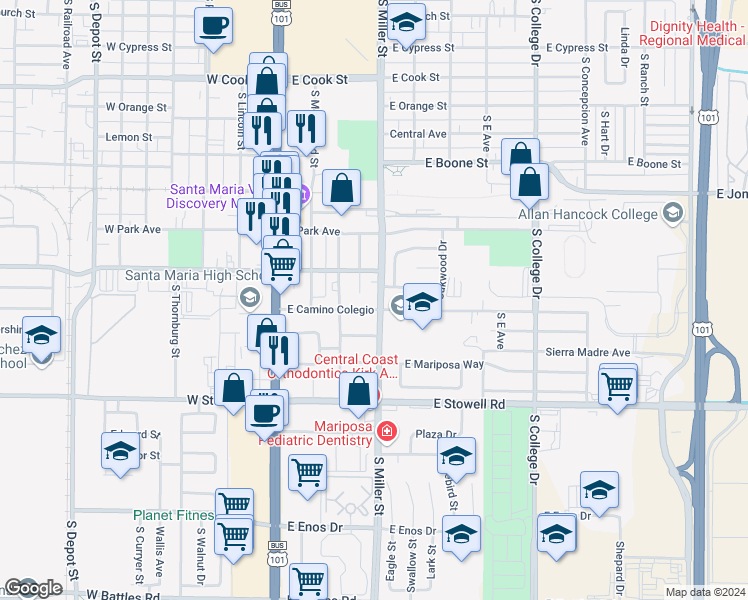 map of restaurants, bars, coffee shops, grocery stores, and more near 925 South Miller Street in Santa Maria