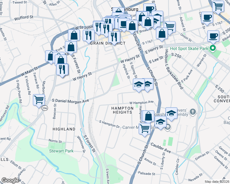 map of restaurants, bars, coffee shops, grocery stores, and more near 270 Carlisle Street in Spartanburg