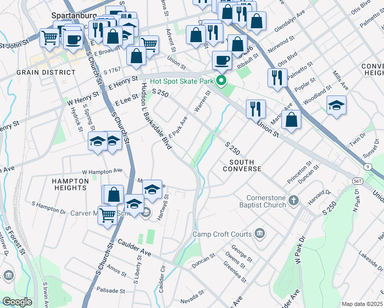 map of restaurants, bars, coffee shops, grocery stores, and more near 216 Ponce De Leon Avenue in Spartanburg