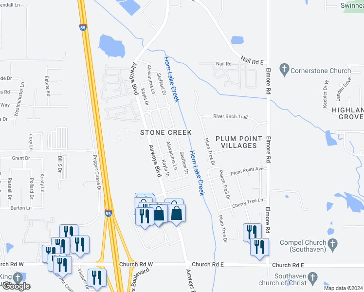 map of restaurants, bars, coffee shops, grocery stores, and more near 5586 Steffani Drive in Southaven