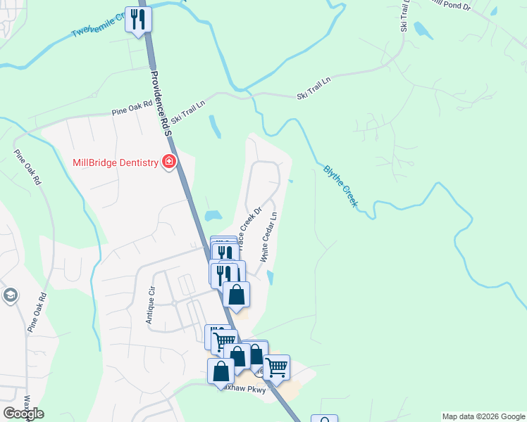 map of restaurants, bars, coffee shops, grocery stores, and more near 2112 Trace Creek Drive in Waxhaw