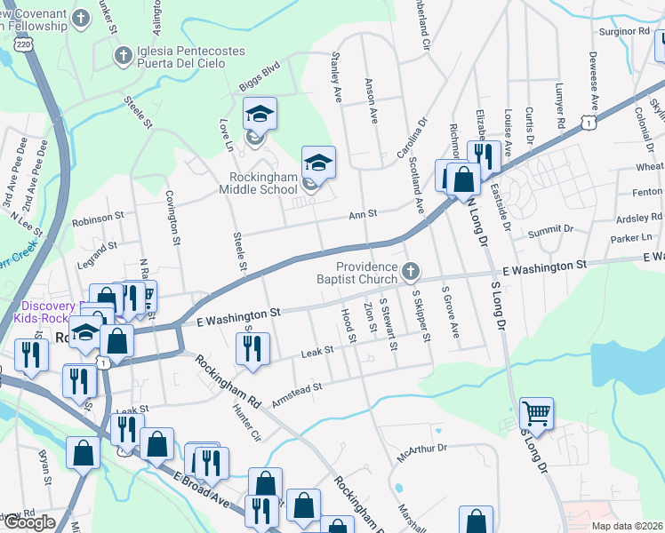 map of restaurants, bars, coffee shops, grocery stores, and more near 1004 Fayetteville Road in Rockingham