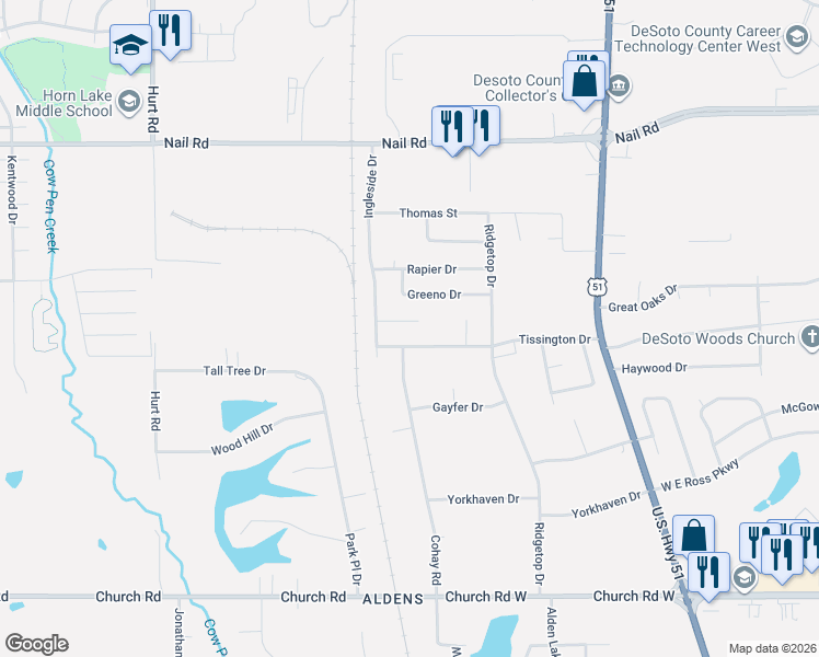 map of restaurants, bars, coffee shops, grocery stores, and more near 1940 Ingleside Cove in Horn Lake