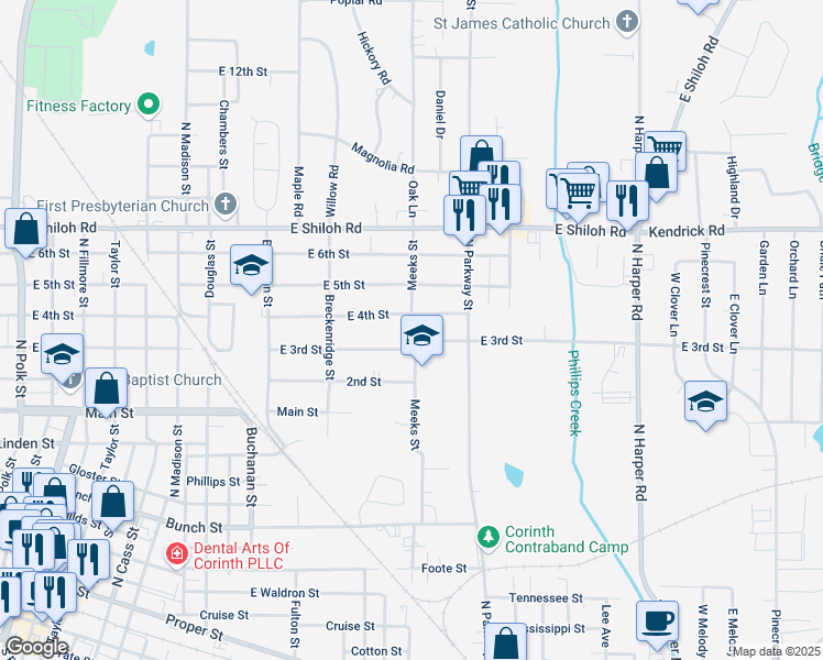 map of restaurants, bars, coffee shops, grocery stores, and more near 1200 Meeks Street in Corinth