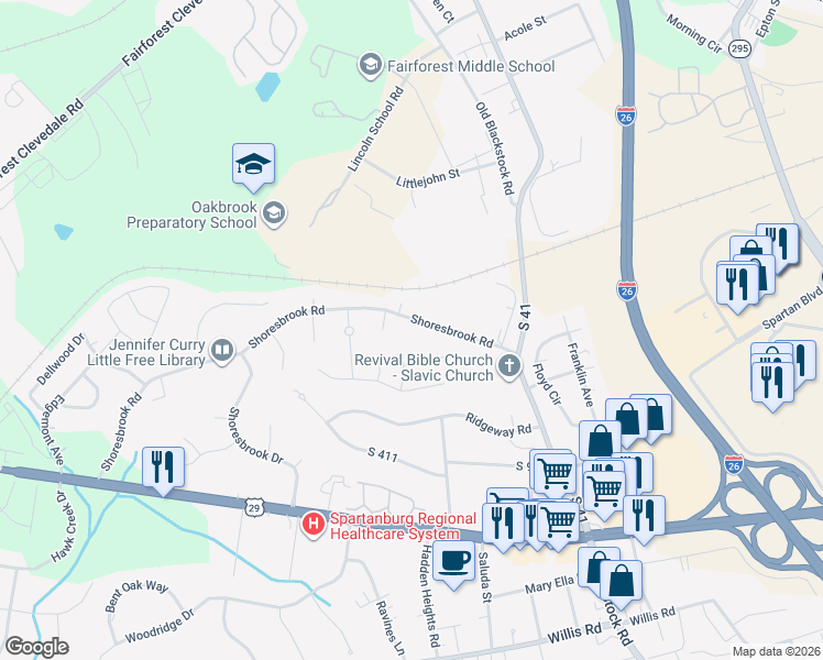 map of restaurants, bars, coffee shops, grocery stores, and more near 1334 Shoresbrook Road in Spartanburg