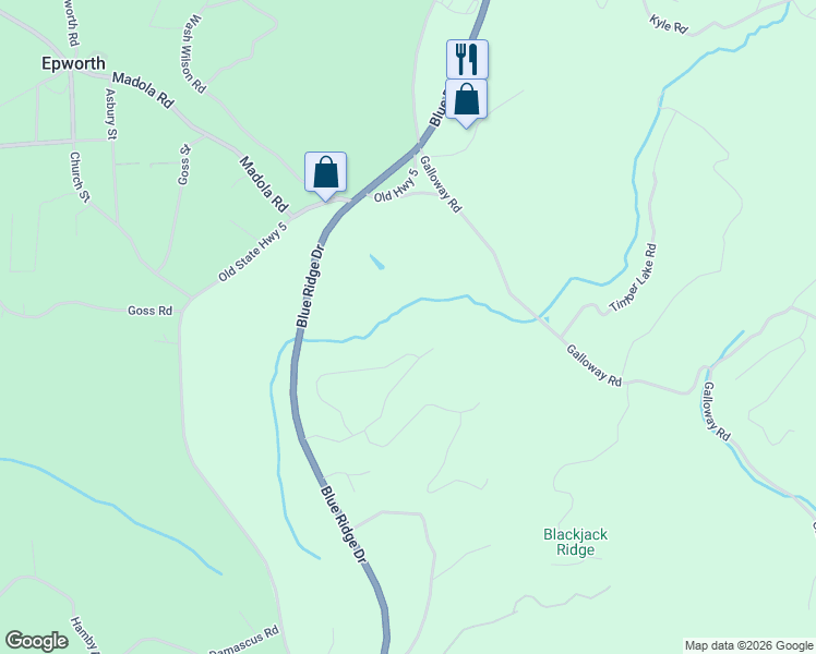 map of restaurants, bars, coffee shops, grocery stores, and more near 116 Windfield Circle in Blue Ridge