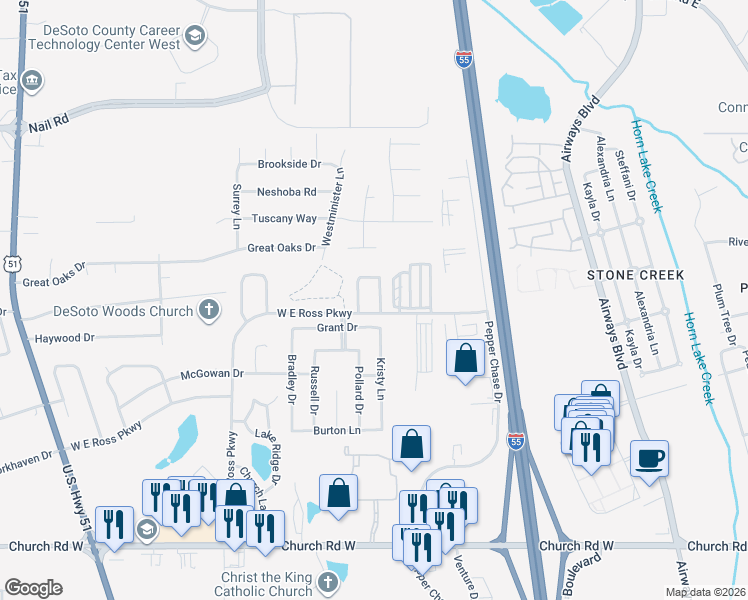 map of restaurants, bars, coffee shops, grocery stores, and more near 5616 Lexy Lane in Southaven