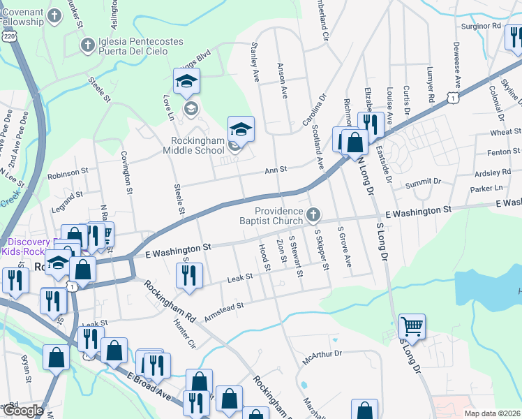 map of restaurants, bars, coffee shops, grocery stores, and more near 1004 Fayetteville Road in Rockingham