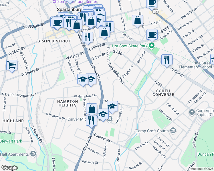 map of restaurants, bars, coffee shops, grocery stores, and more near 425 South Church Street in Spartanburg