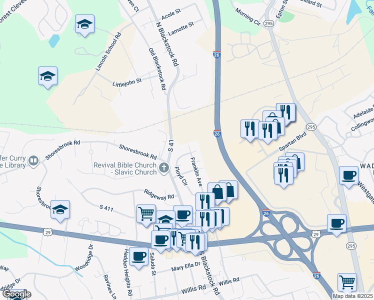 map of restaurants, bars, coffee shops, grocery stores, and more near 135 Franklin Avenue in Spartanburg