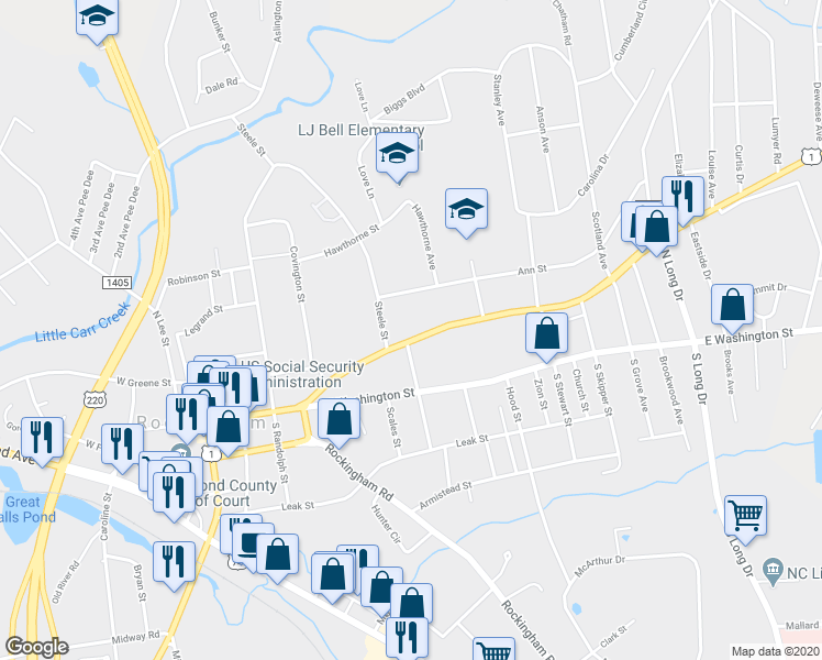 map of restaurants, bars, coffee shops, grocery stores, and more near 801 Fayetteville Road in Rockingham