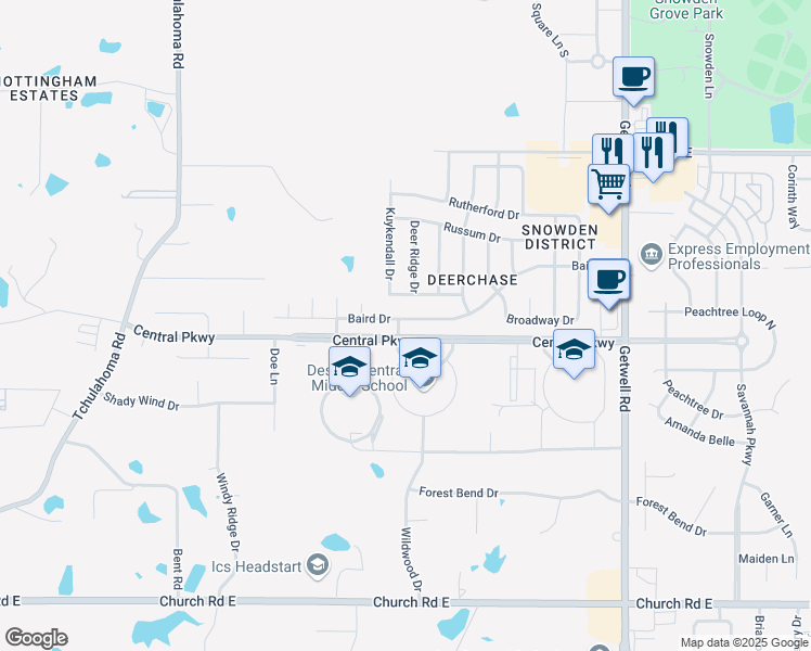 map of restaurants, bars, coffee shops, grocery stores, and more near 2525 Baird Drive in Southaven