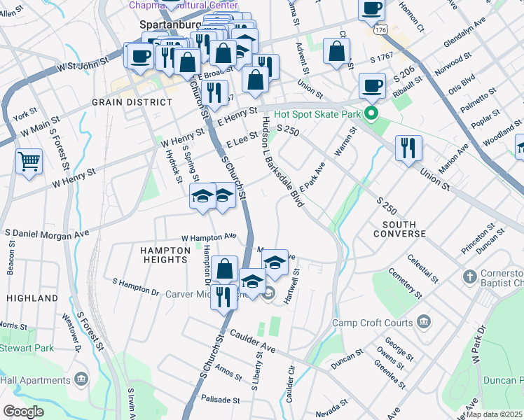 map of restaurants, bars, coffee shops, grocery stores, and more near 425 South Church Street in Spartanburg