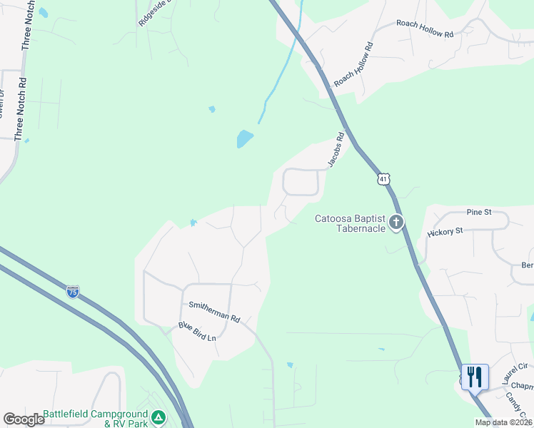 map of restaurants, bars, coffee shops, grocery stores, and more near 136 Dusty Ridge Trail in Ringgold