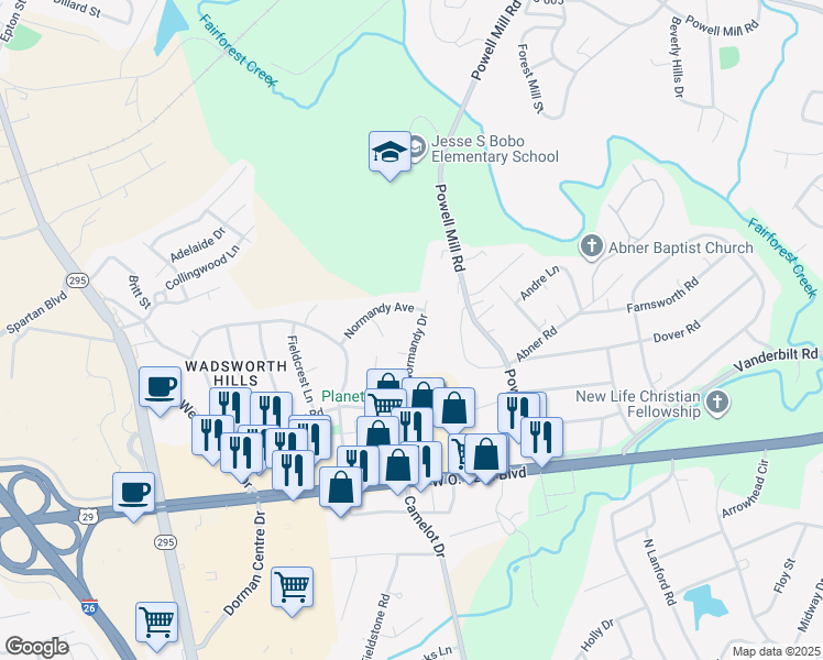 map of restaurants, bars, coffee shops, grocery stores, and more near 118 Normandy Avenue in Spartanburg