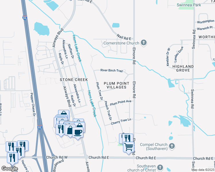 map of restaurants, bars, coffee shops, grocery stores, and more near 280 Village Parkway in Southaven