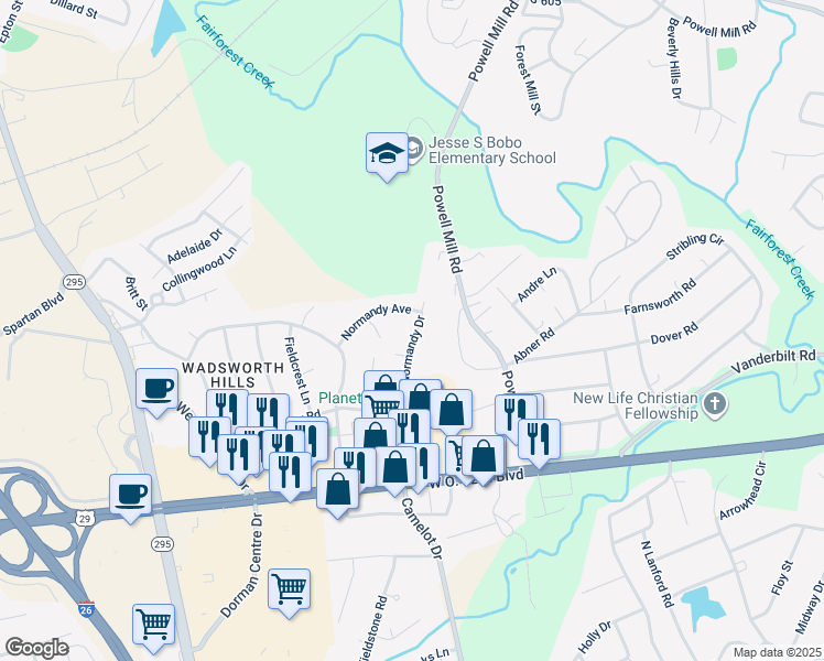 map of restaurants, bars, coffee shops, grocery stores, and more near 118 Normandy Avenue in Spartanburg