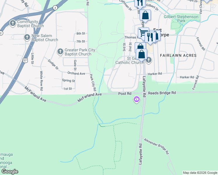 map of restaurants, bars, coffee shops, grocery stores, and more near 201 Barnhardt Circle in Fort Oglethorpe