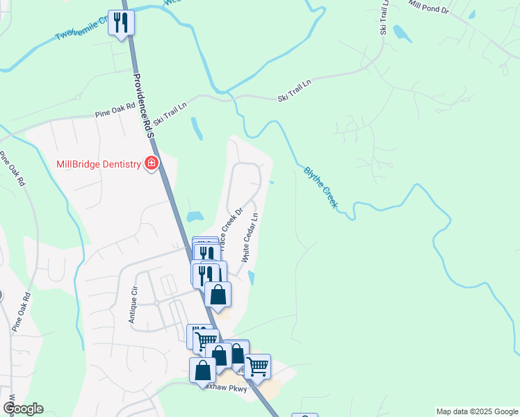 map of restaurants, bars, coffee shops, grocery stores, and more near 2068 White Cedar Lane in Waxhaw