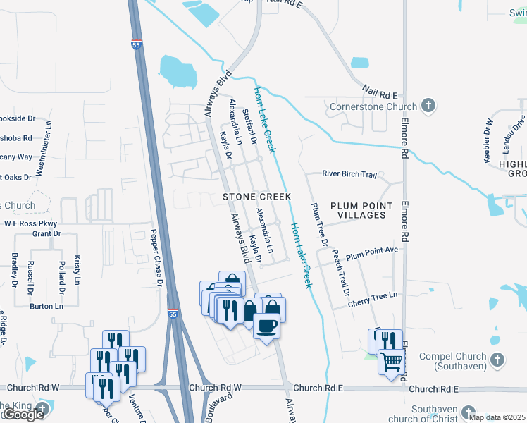 map of restaurants, bars, coffee shops, grocery stores, and more near 5606 Alexandria Lane in Southaven