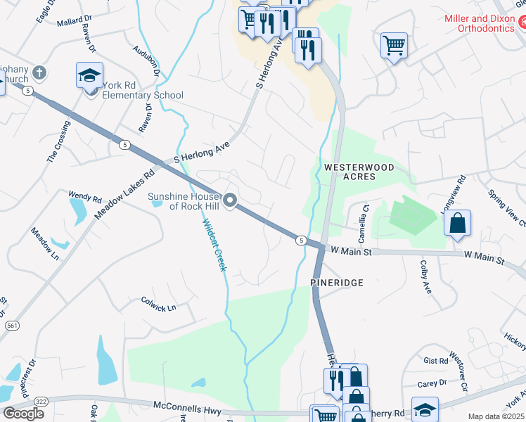 map of restaurants, bars, coffee shops, grocery stores, and more near 1848 West Main Street in Rock Hill