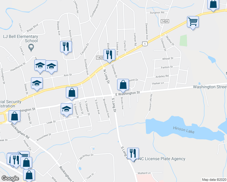 map of restaurants, bars, coffee shops, grocery stores, and more near 106 North Long Drive in Rockingham