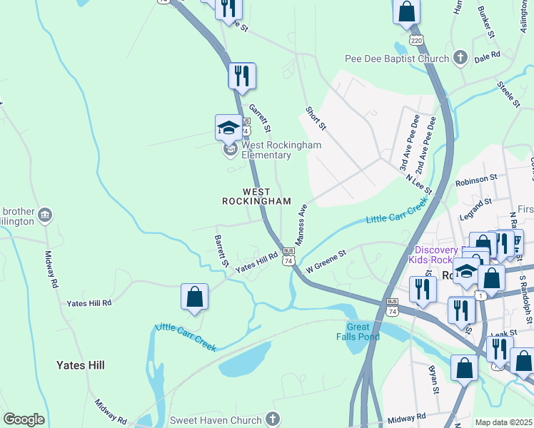 map of restaurants, bars, coffee shops, grocery stores, and more near 212 West US 74 Highway in Rockingham