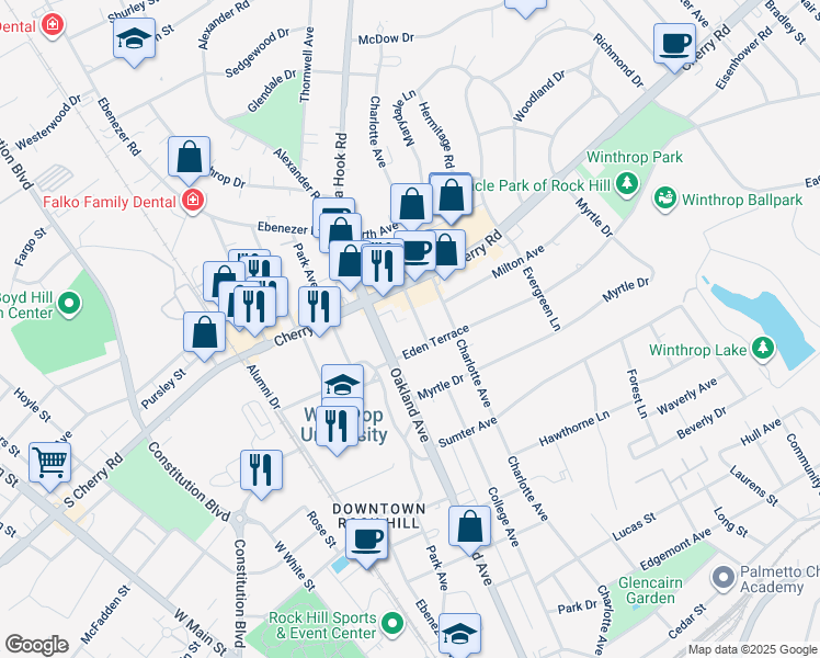 map of restaurants, bars, coffee shops, grocery stores, and more near 917 College Avenue Extension in Rock Hill