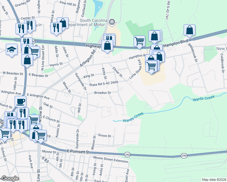 map of restaurants, bars, coffee shops, grocery stores, and more near 200 Morgan Street in Greer
