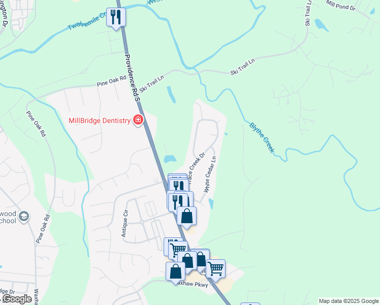 map of restaurants, bars, coffee shops, grocery stores, and more near 2109 Majestic Poplar Drive in Waxhaw