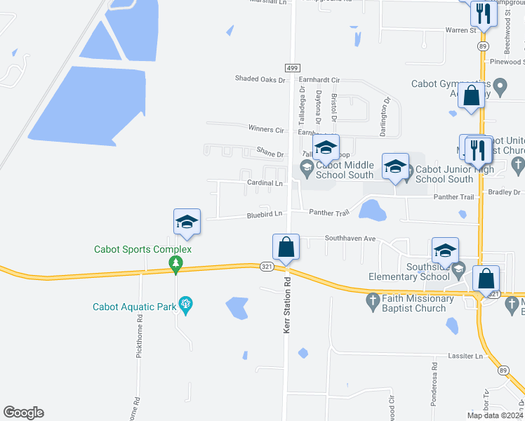 map of restaurants, bars, coffee shops, grocery stores, and more near 21 Red Bird Cove in Cabot