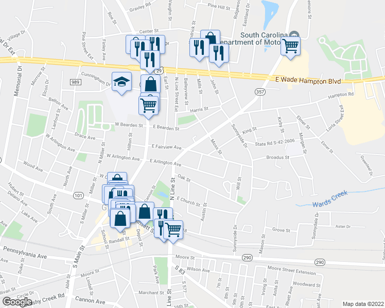 map of restaurants, bars, coffee shops, grocery stores, and more near 300 East Fairview Avenue in Greer