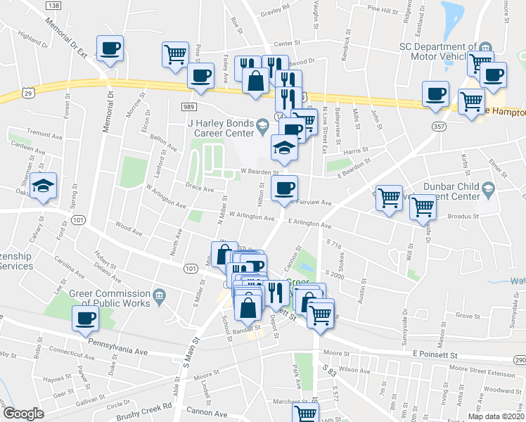 map of restaurants, bars, coffee shops, grocery stores, and more near 104 West Arlington Avenue in Greer