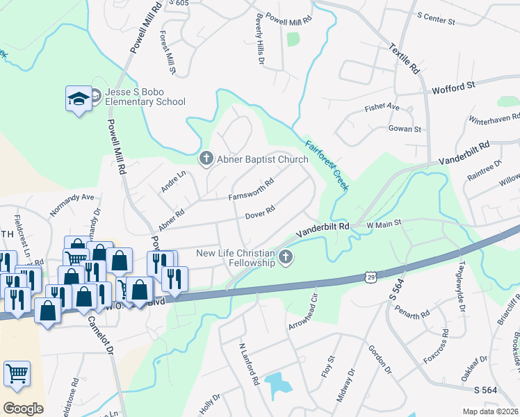map of restaurants, bars, coffee shops, grocery stores, and more near 143 Dover Road in Spartanburg