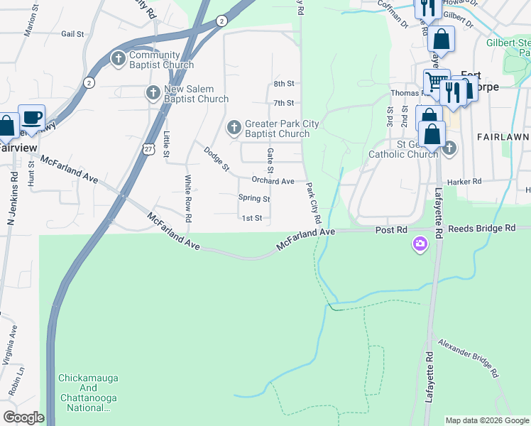 map of restaurants, bars, coffee shops, grocery stores, and more near 418 Gate Street in Rossville