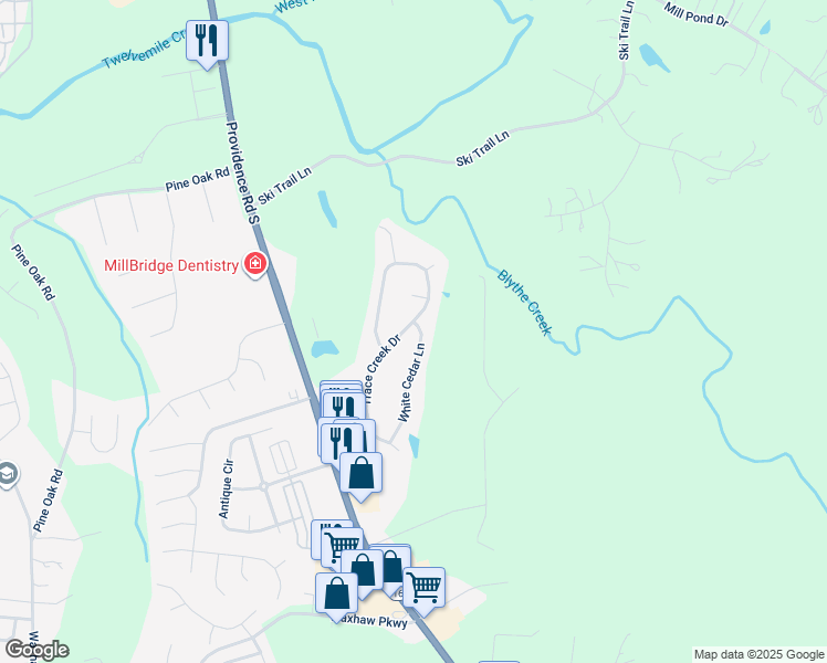 map of restaurants, bars, coffee shops, grocery stores, and more near 2069 White Cedar Lane in Waxhaw