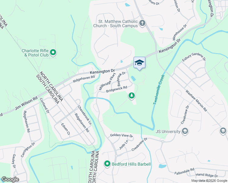 map of restaurants, bars, coffee shops, grocery stores, and more near 3117 Bridgewick Road in Waxhaw