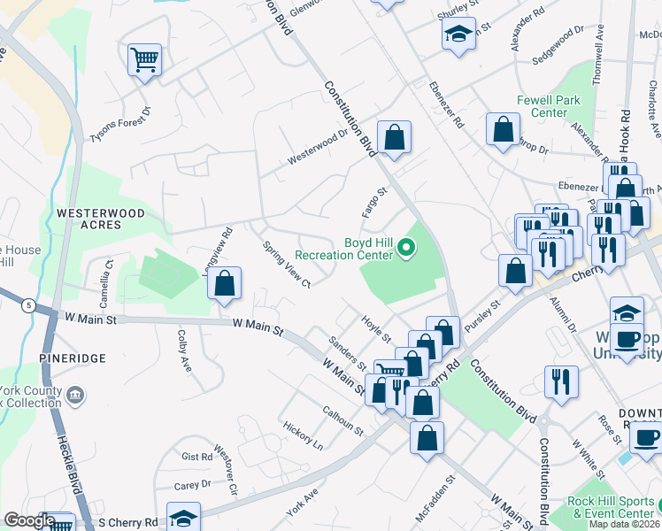 map of restaurants, bars, coffee shops, grocery stores, and more near 1322 Spring View Court in Rock Hill