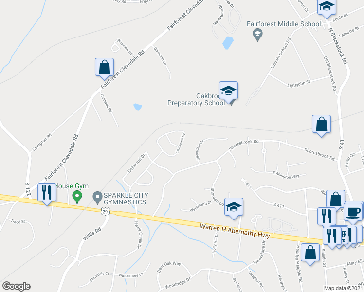 map of restaurants, bars, coffee shops, grocery stores, and more near 544 Cromwell Drive in Spartanburg