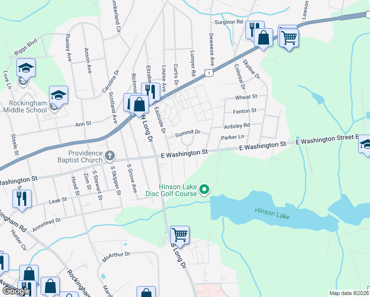 map of restaurants, bars, coffee shops, grocery stores, and more near 109 Circlewood Dr in Rockingham