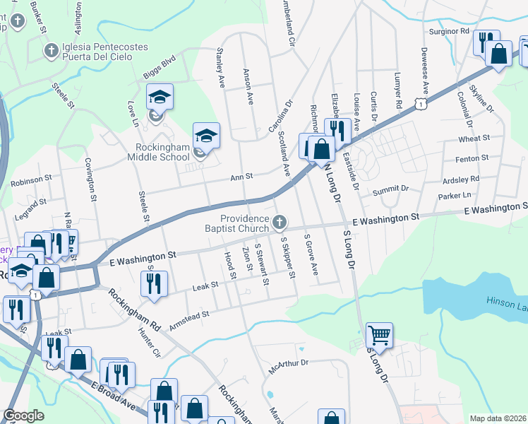 map of restaurants, bars, coffee shops, grocery stores, and more near 1104 Allen Street in Rockingham