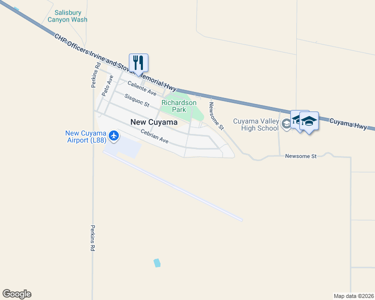 map of restaurants, bars, coffee shops, grocery stores, and more near 4695 Cebrian Avenue in New Cuyama
