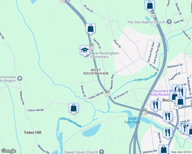map of restaurants, bars, coffee shops, grocery stores, and more near 212 West US 74 Highway in Rockingham