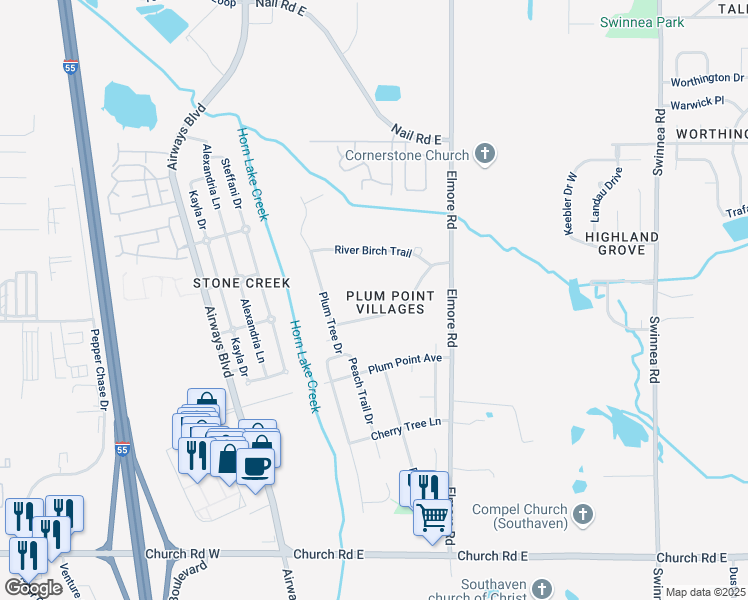 map of restaurants, bars, coffee shops, grocery stores, and more near 280 Village Parkway in Southaven